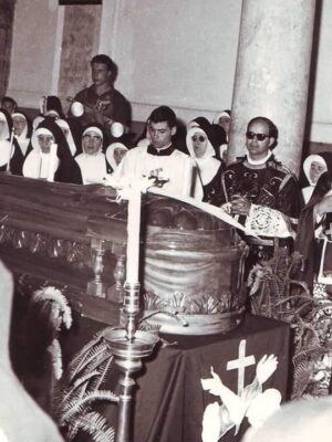 a vintage image of a funeral inside a church