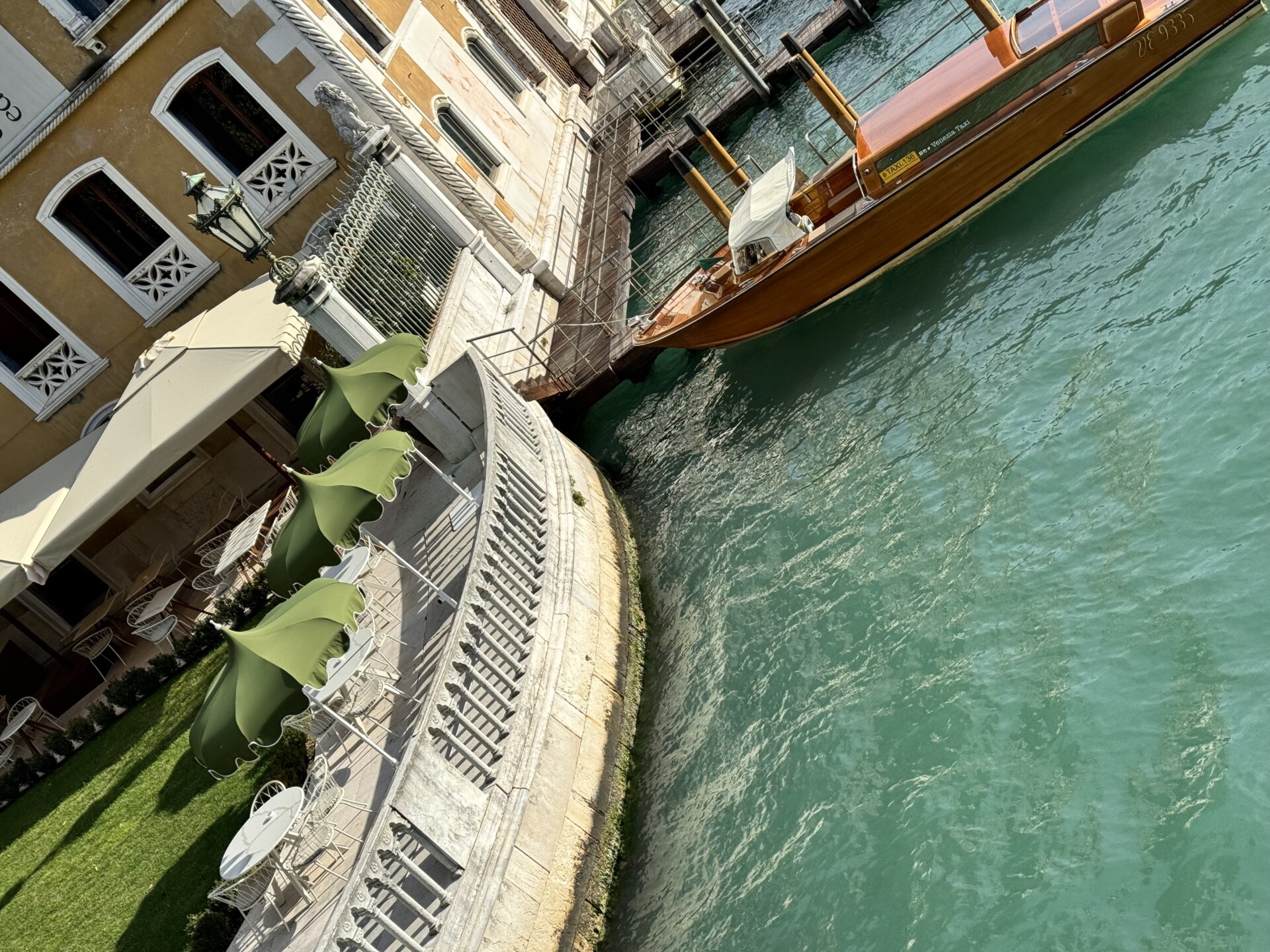 the gardens at Palazzo Franchetti butting up against the canal