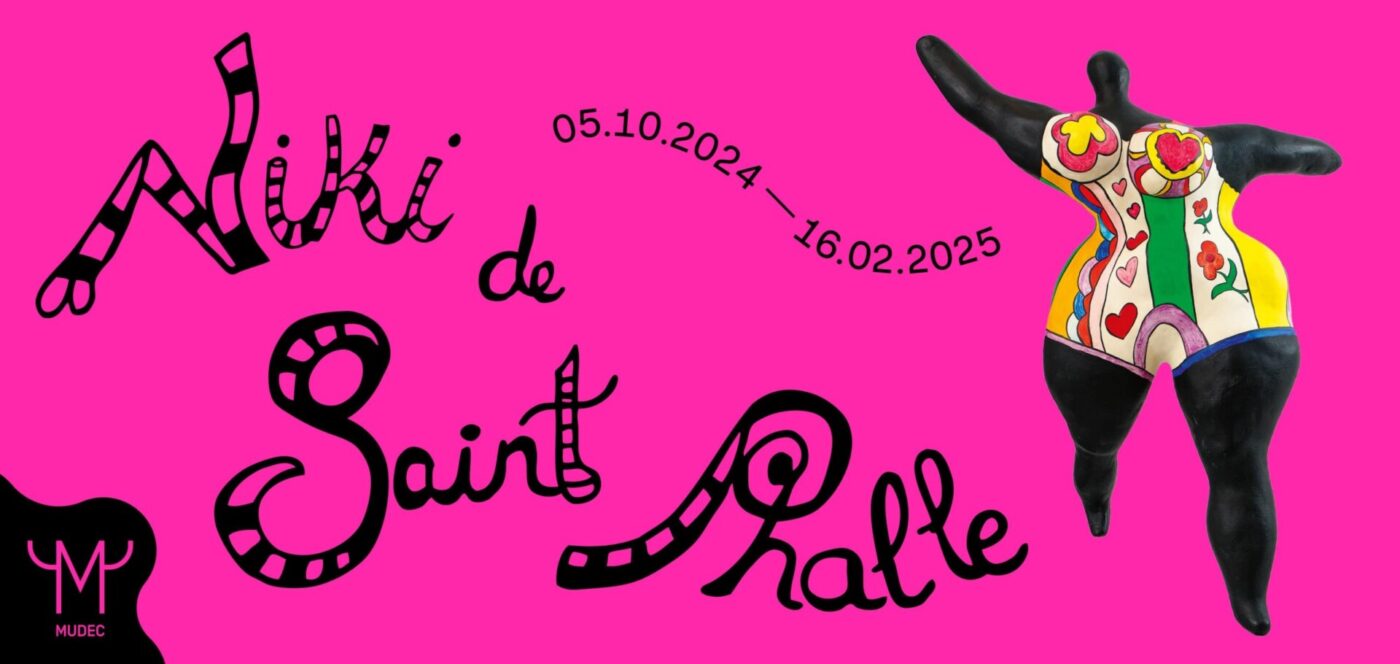 {{Title}} Pink poster with bold, whimsical text Niki de Saint Phalle and exhibition dates 05.10.2024 - 16.02.2025. Right side features a colorful, abstract sculpture of a voluptuous figure. Bottom left corner has the MUDEC logo.