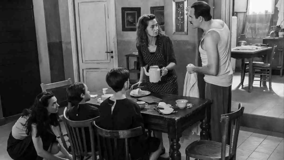 a black and white film still from C'è ancora domani with Paola Cortellesi