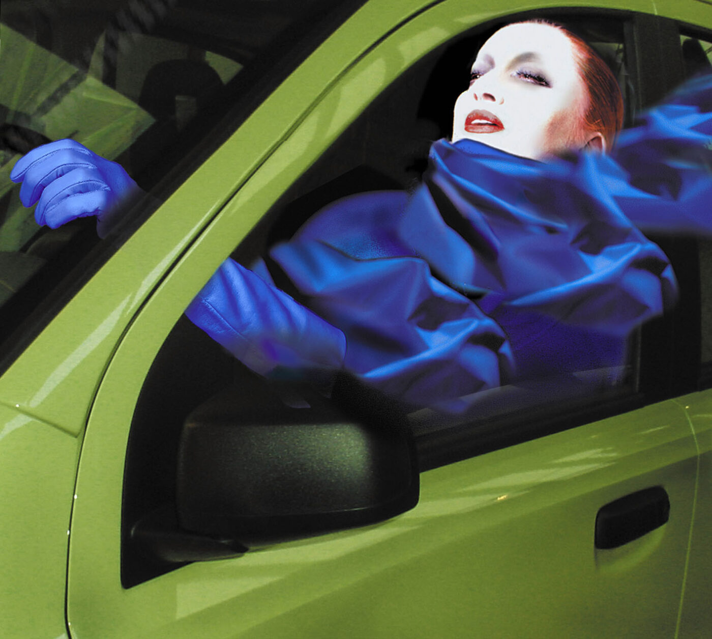 Mina in a green car looking out the window and driving, with a dramatization from digital retouching