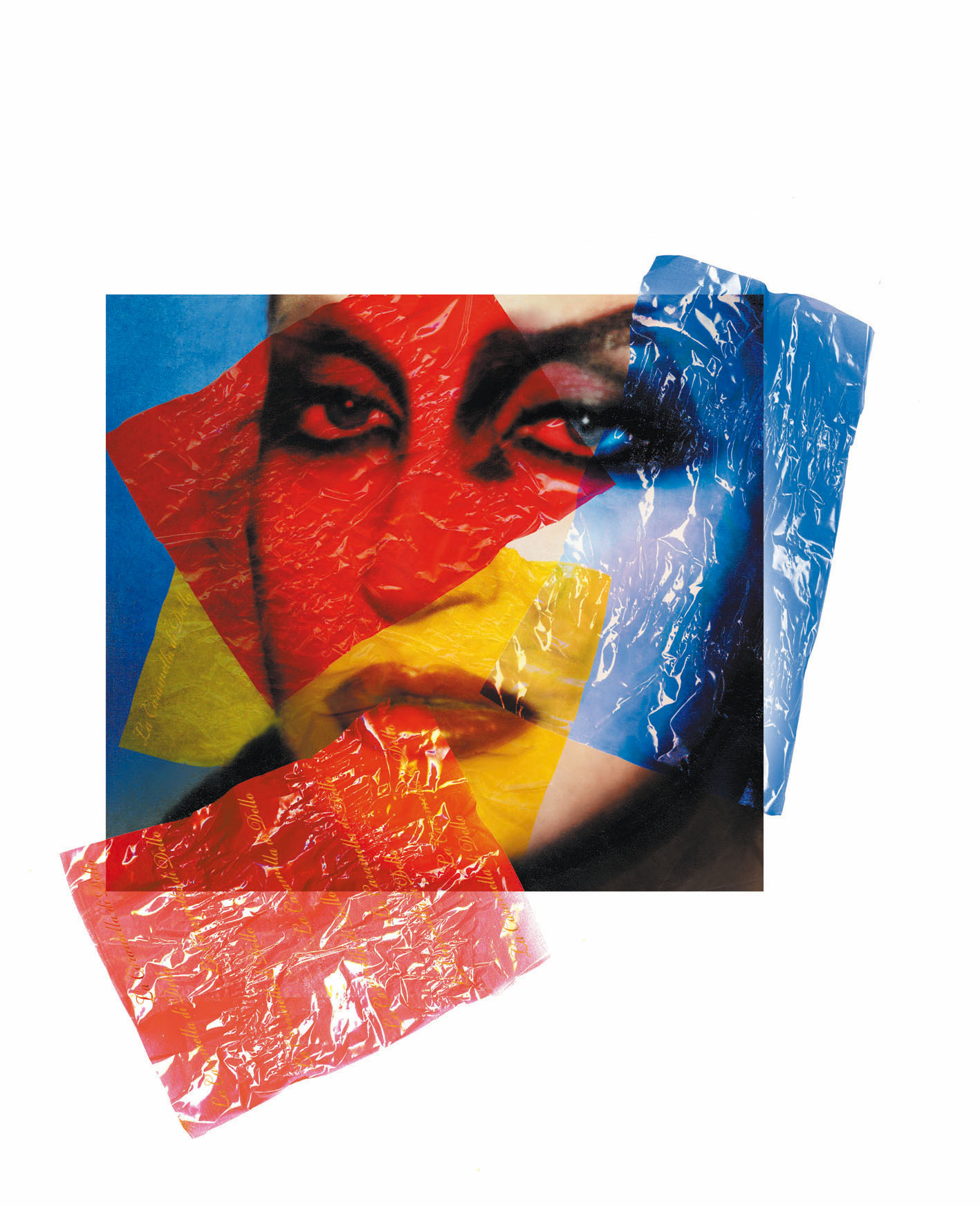 Layers of Color - A womans face is partially covered by overlapping red, yellow, and blue translucent plastic sheets, creating a layered, abstract effect against a white background.