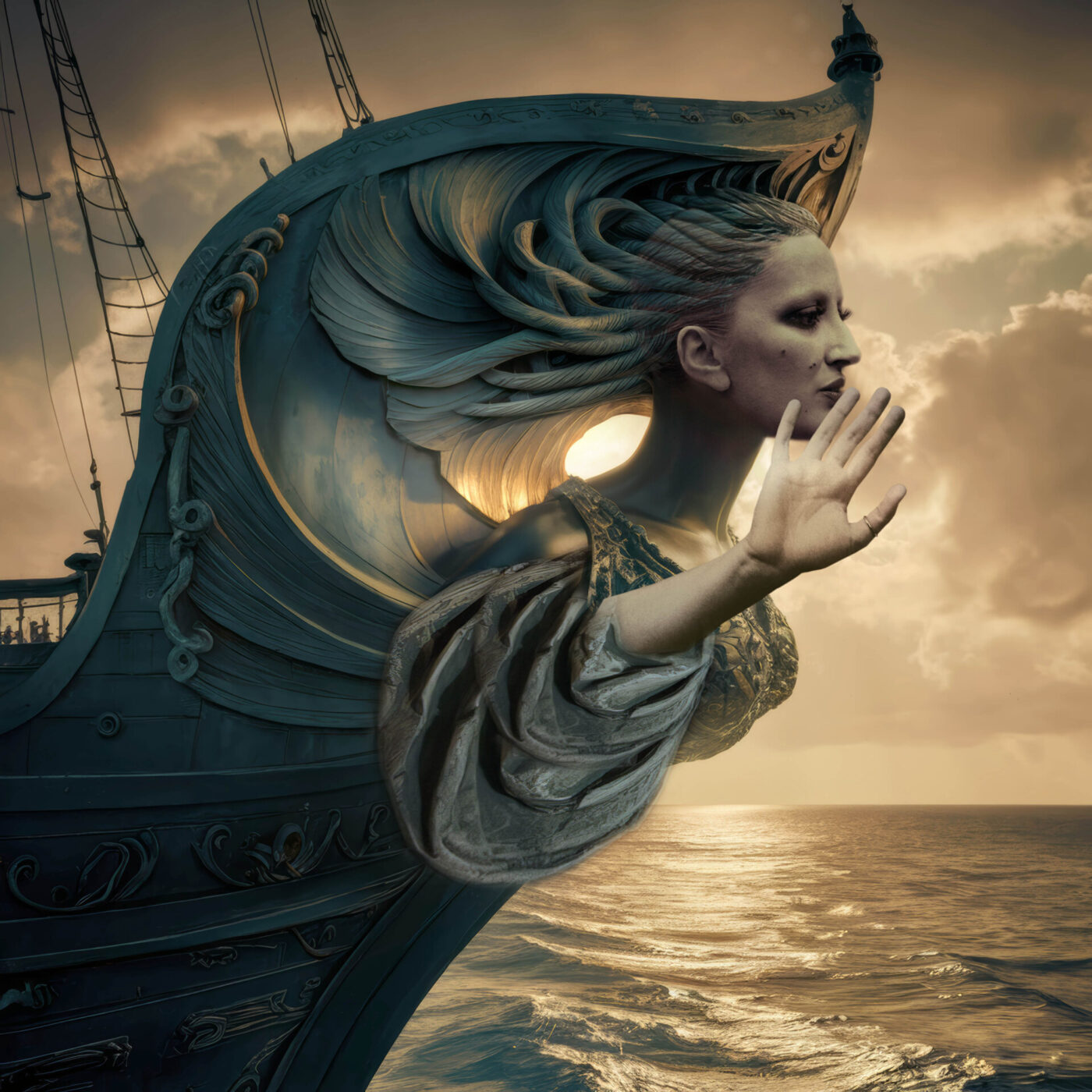 a shoot for mina's album Gassa D'Amante – A surreal image of a ship with a large, sculpted figurehead featuring a womans upper body and head. Shes facing forward with a raised hand, appearing to emerge from the ships prow. The background shows a cloudy sky and a sunlit ocean.