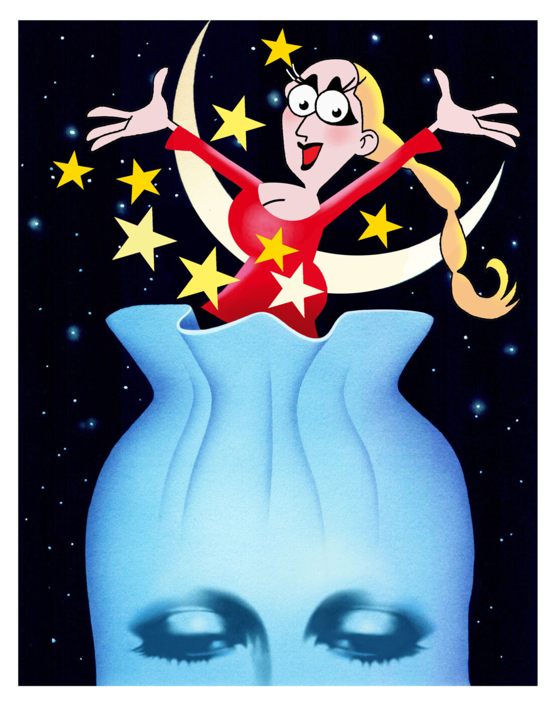 Dream Escape - Alt Text: A cartoon woman in a red dress joyfully emerges from the head of a serene, closed-eye face. She is surrounded by stars and a crescent moon, against a starry night sky background.
