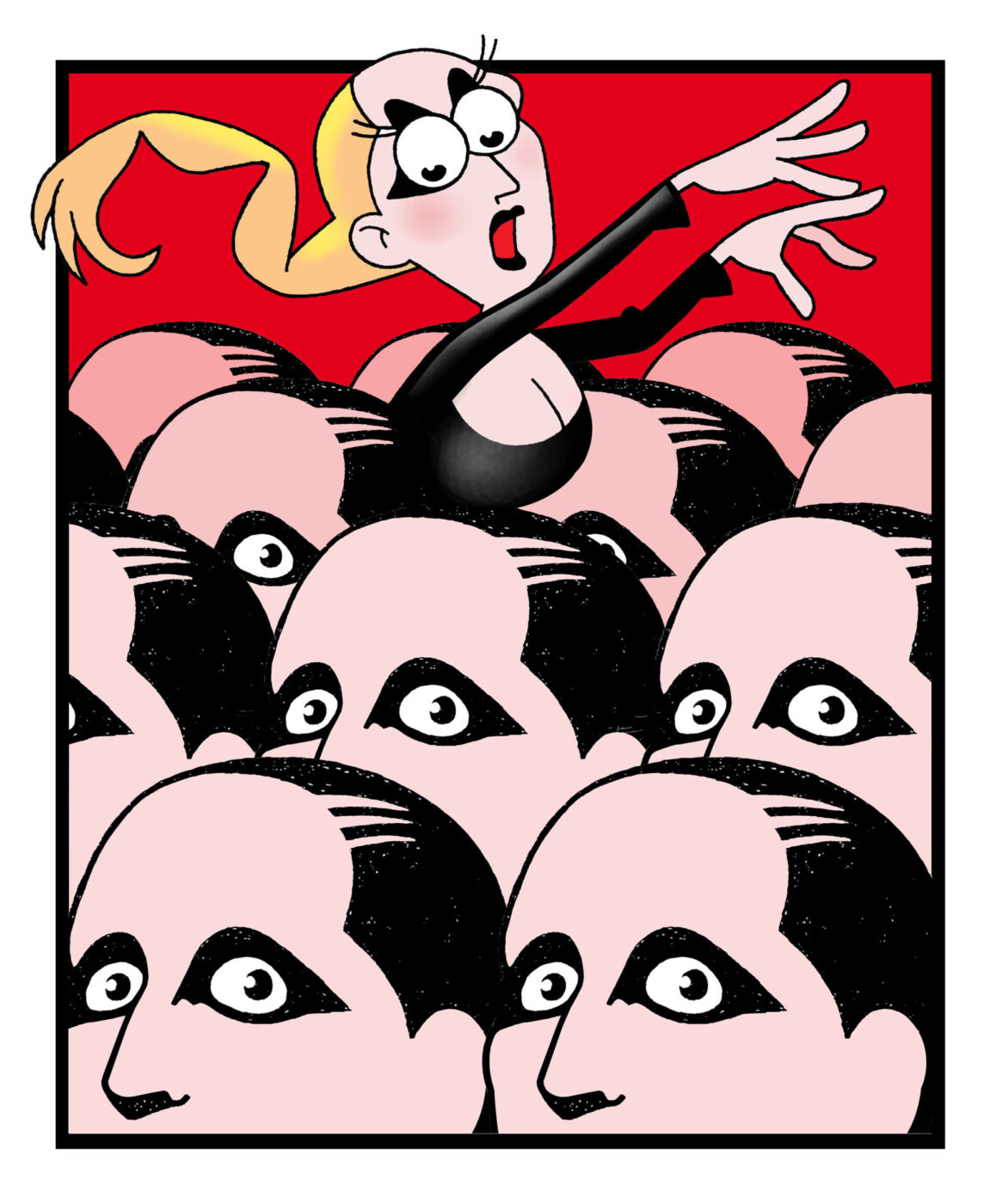 Standing Out in the Crowd - A cartoon woman with glasses and a ponytail stands out dramatically in a crowd of bald men with identical, expressionless faces. She appears animated and surprised, reaching upwards with one arm. The background is a bold red.