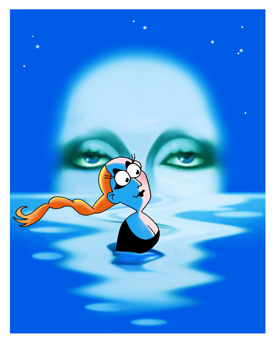[Image Title] - A cartoon character with blue skin and orange hair swims in rippling water under a starry night sky. In the background, a large ethereal face appears with closed eyes, blending into the night.