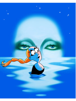 [Image Title] - A cartoon character with blue skin and orange hair swims in rippling water under a starry night sky. In the background, a large ethereal face appears with closed eyes, blending into the night.