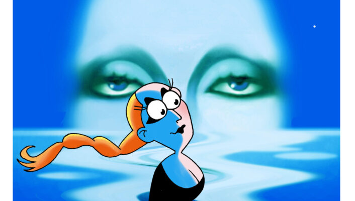 Un personaggio dei cartoni animati con la pelle blu e i capelli rossi è immerso nellacqua fino alla vita, con lo sguardo rivolto verso lalto. Sullo sfondo, un grande volto etereo con gli occhi chiusi riempie il cielo, creando una scena surreale. Il cielo notturno è punteggiato di stelle.