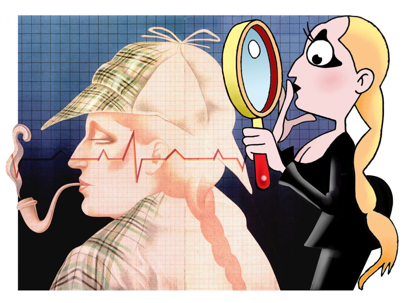 Blonde Detective - Cartoon of a blonde woman in black, holding a magnifying glass, examining an illustration of a detective with a pipe and plaid hat. The detectives silhouette features an EKG line running across.