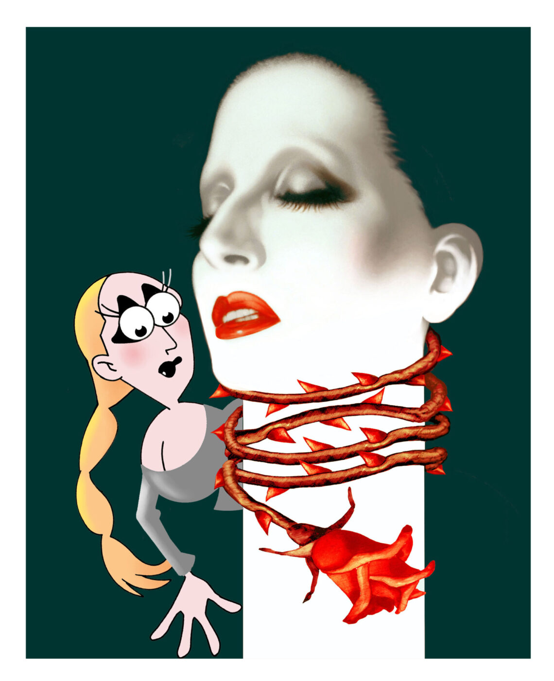 [No image title provided] - A cartoon woman with glasses looks surprised. Next to her is a stylized image of a person with dramatic makeup, wrapped in a vine with thorns. A red rose is entangled in the vine. Dark green background.