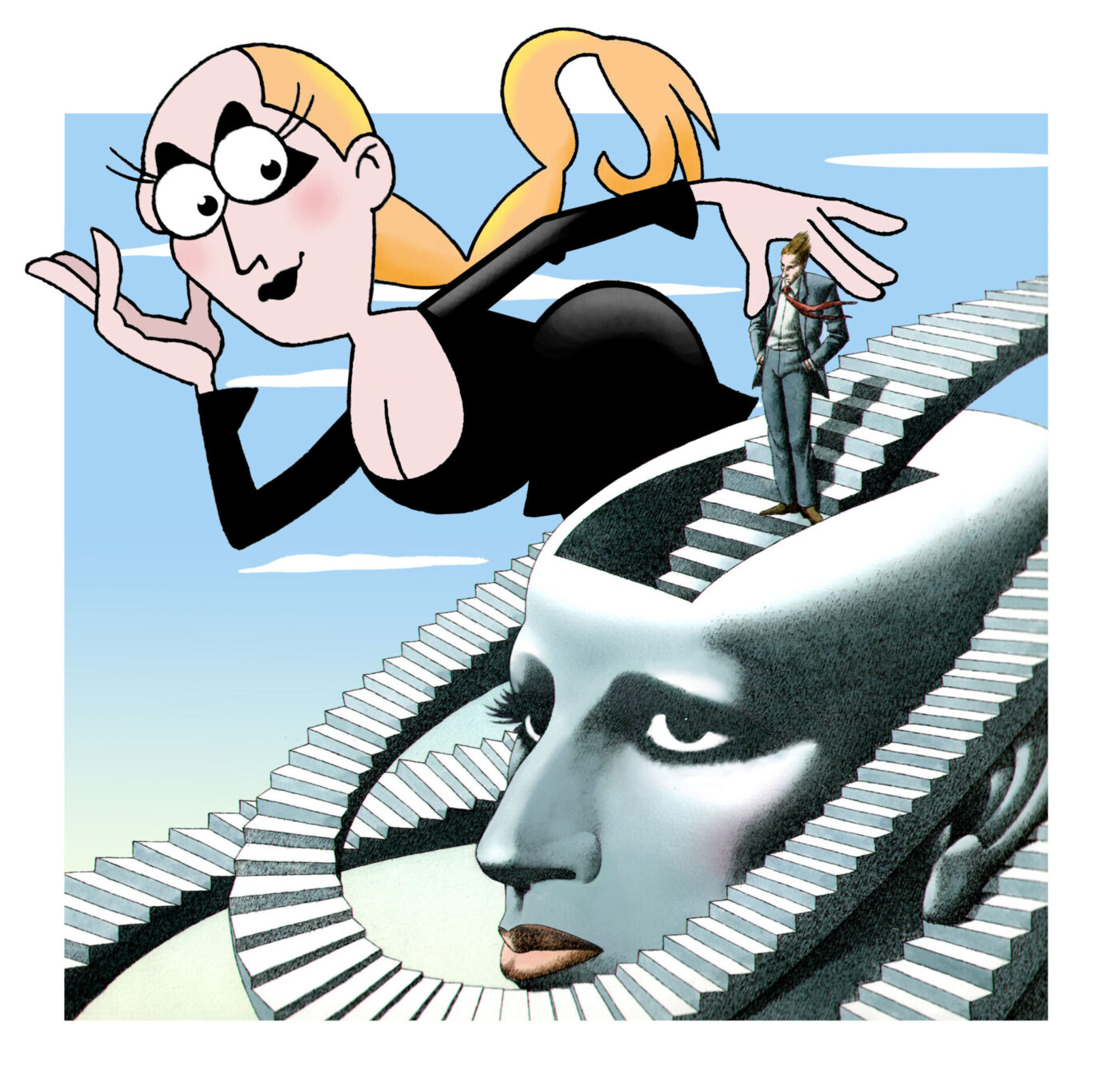 Dreamscape Spiral - A surreal image depicting a large head with staircases spiraling over it. A small person in a suit stands on the stairs. In the background, a cartoonish figure with glasses and a ponytail gestures dramatically. The sky is blue with clouds.