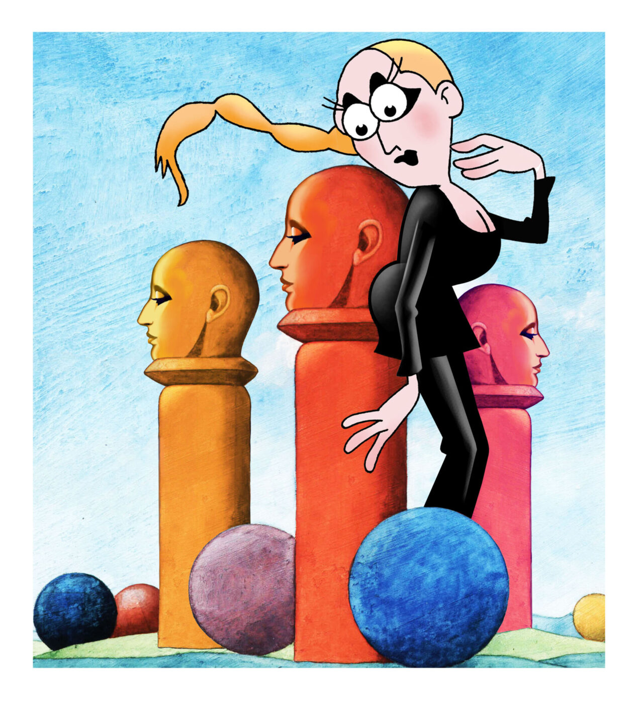 Cartoon Character and Sculptures - A cartoon character with a ponytail and glasses strikes a pose beside three colorful, abstract sculptures resembling human heads on tall pedestals. Large colorful spheres are scattered around on a grassy surface against a blue sky.