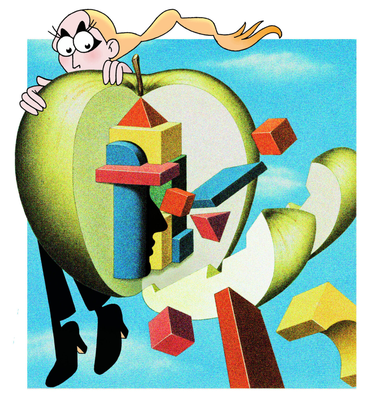Geometric Apple Surprise - A digitally illustrated scene features a large, sliced green apple with geometric shapes protruding from it. A cartoon character with glasses peeks over the apples top. The sky is blue with scattered clouds.