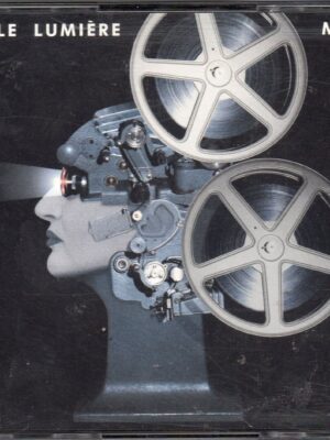 Sorelle Lumière Vol. 1/2 - A surreal cover for Sorelle Lumière Vol. 1/2 by Mina features a human head with mechanical elements, resembling a projector. Film reels replace the brain, projecting light from the eyes. The background is dark and minimal.