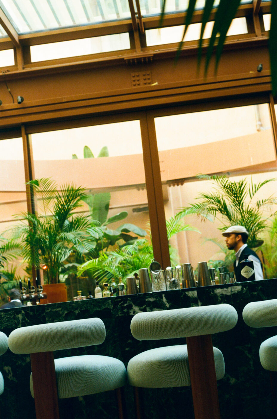 Six Senses - A stylish bar with white cushioned stools and a dark green marble counter. Potted plants decorate the space, and large windows provide natural light. A person wearing a cap stands near the counter. The atmosphere is modern and inviting.