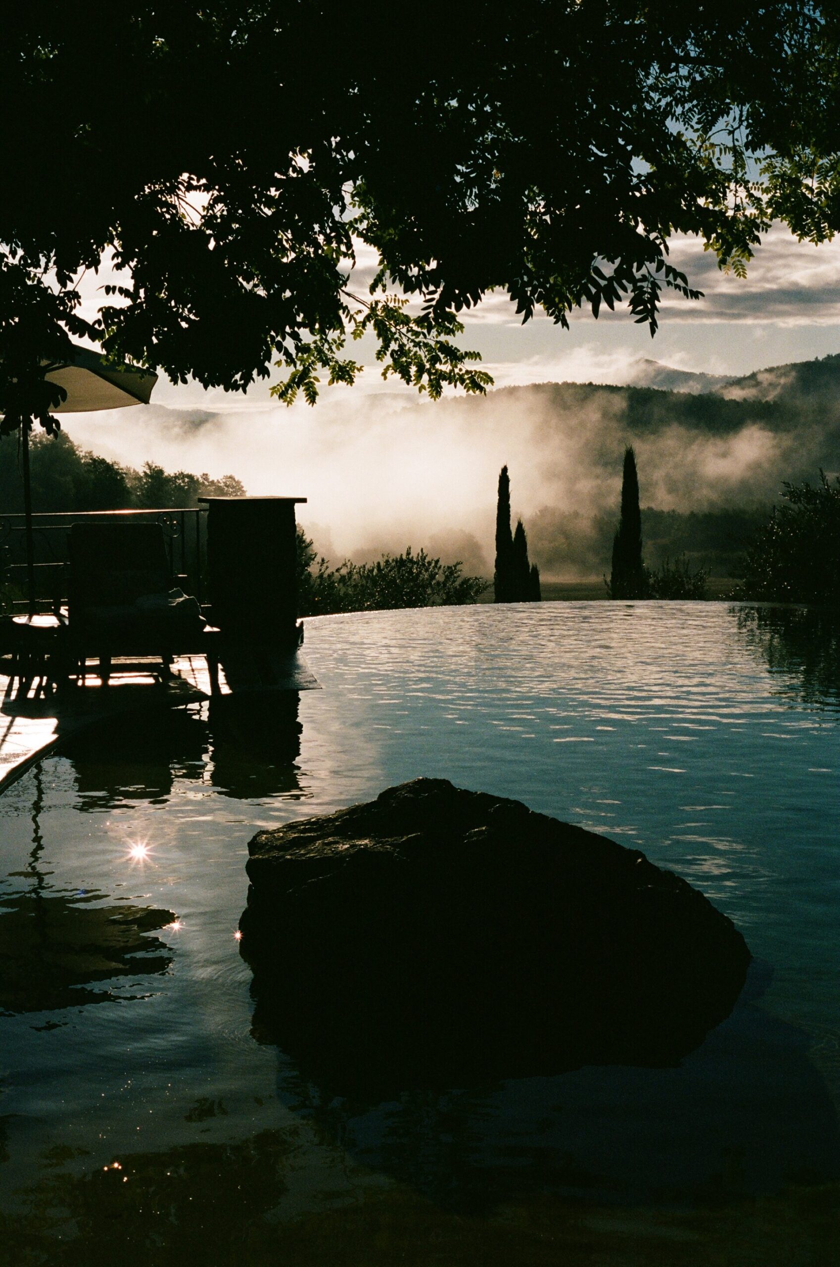 Borgo Santo Pietro - Infinity pool with a large rock in the foreground, reflecting sunlight. Surrounding landscape features hills and cypress trees, partially shrouded in mist. A tree branch with leaves overhangs the scene, adding to the tranquil atmosphere.