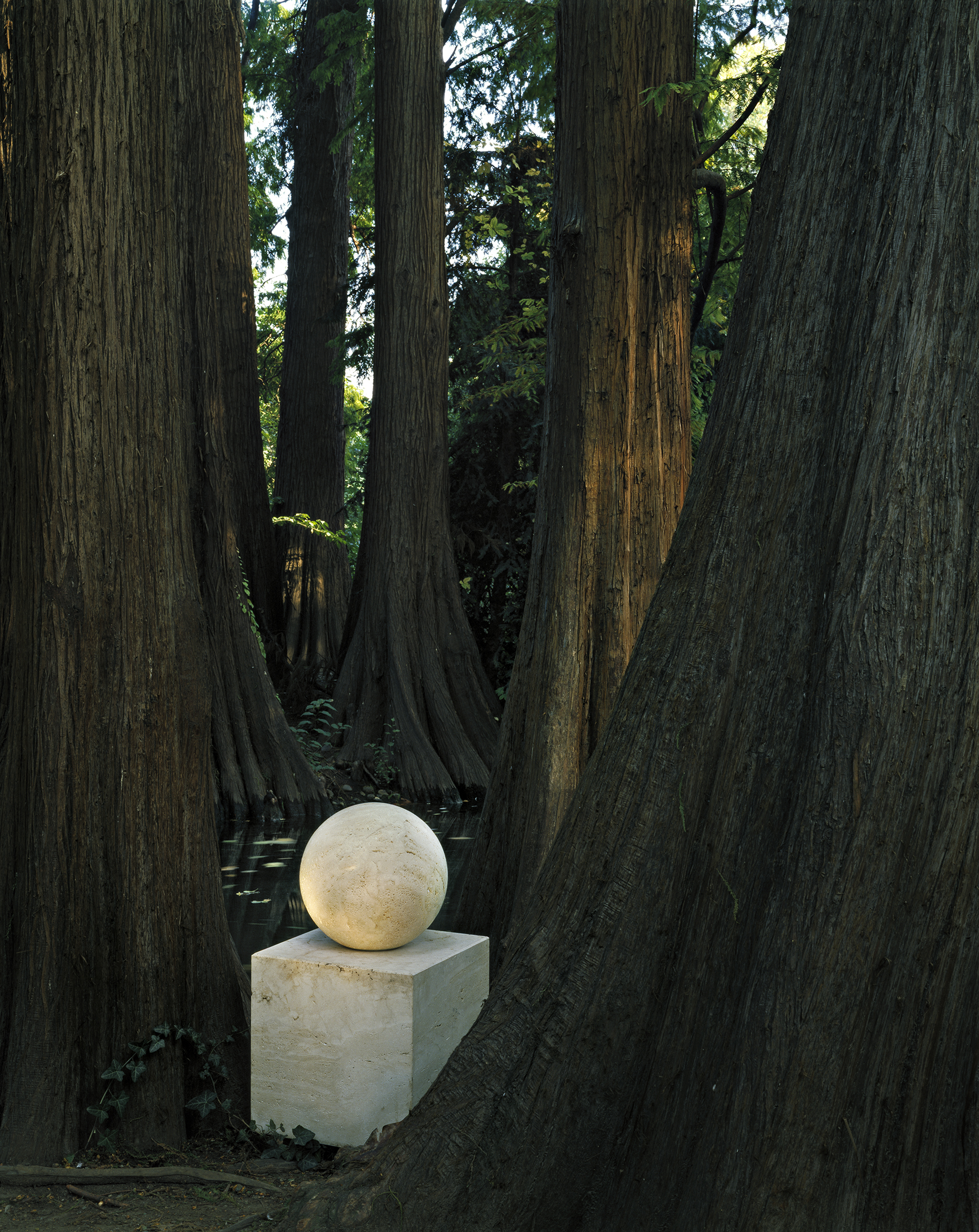 L'Altare della Buona Fortuna, a travertine marble homage to Wolfgang Goethe by Dino Gavina - A large, smooth white sphere sits on a rectangular pedestal among towering tree trunks in a tranquil forest setting. Sunlight softly filters through the leaves, casting gentle shadows on the scene.