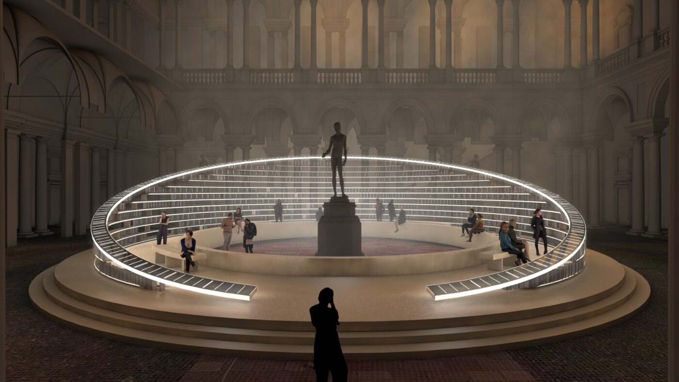 It sounds like youre asking for an example of how to write alt text with the inclusion of an image title. However, since you haven’t provided a specific image title, Ill demonstrate using a placeholder. Example: [Grand Hall Staircase] - A circular, illuminated staircase surrounds a statue in a grand, historic hall. People are sitting on the steps, and the upper level features arches and columns under a soft, ambient light. A person stands in the foreground, capturing the scene.