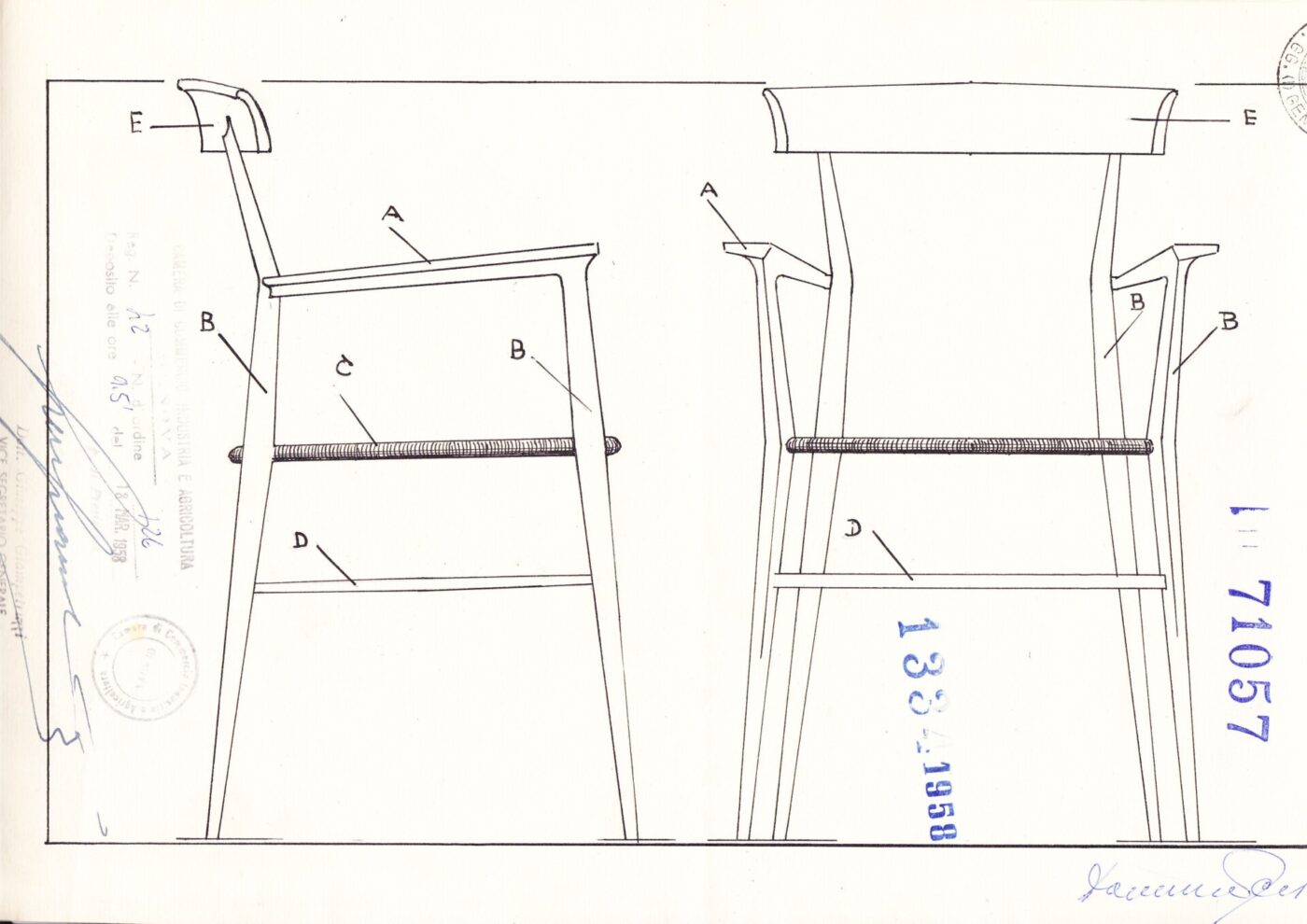 The original blueprints for the Tigullina armchair - Blueprint illustration of a chair design, showing side views. Labeled components include the backrest, seat, legs, and armrests. The right side includes stamps and signatures.