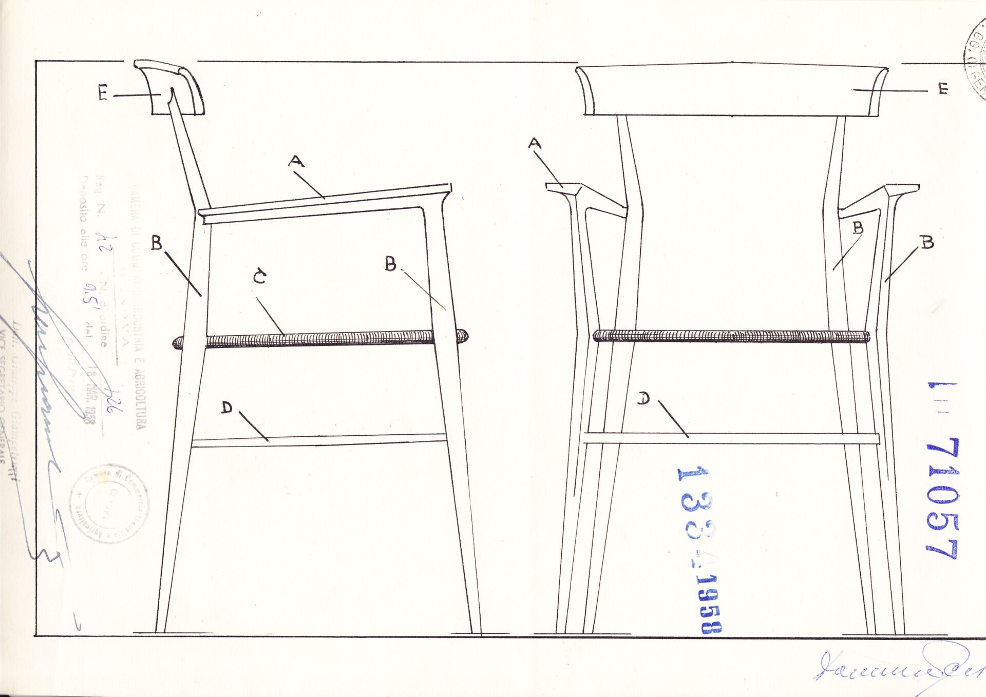 The original blueprints for the Tigullina armchair - Blueprint illustration of a chair design, showing side views. Labeled components include the backrest, seat, legs, and armrests. The right side includes stamps and signatures.