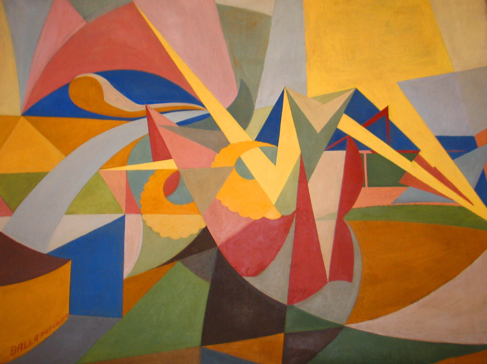 Abstract Geometric Painting" - Alt Text: Dipinto geometrico astratto con forme nitide e colorate e piani intersecanti in tonalità di giallo, blu, rosso e verde. La composizione include linee dinamiche e forme sovrapposte, creando un senso di movimento ed energia.