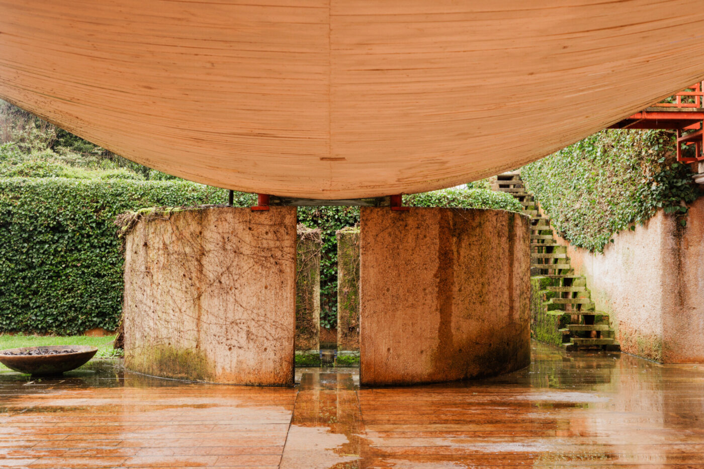 Curved Design Architecture" - Un soffitto curvo in legno è sostenuto da muri in cemento, circondati da edera verde. Nella scena è visibile una scala. Il terreno sembra bagnato e c'è una ciotola rotonda e poco profonda sul lato sinistro dell'immagine.