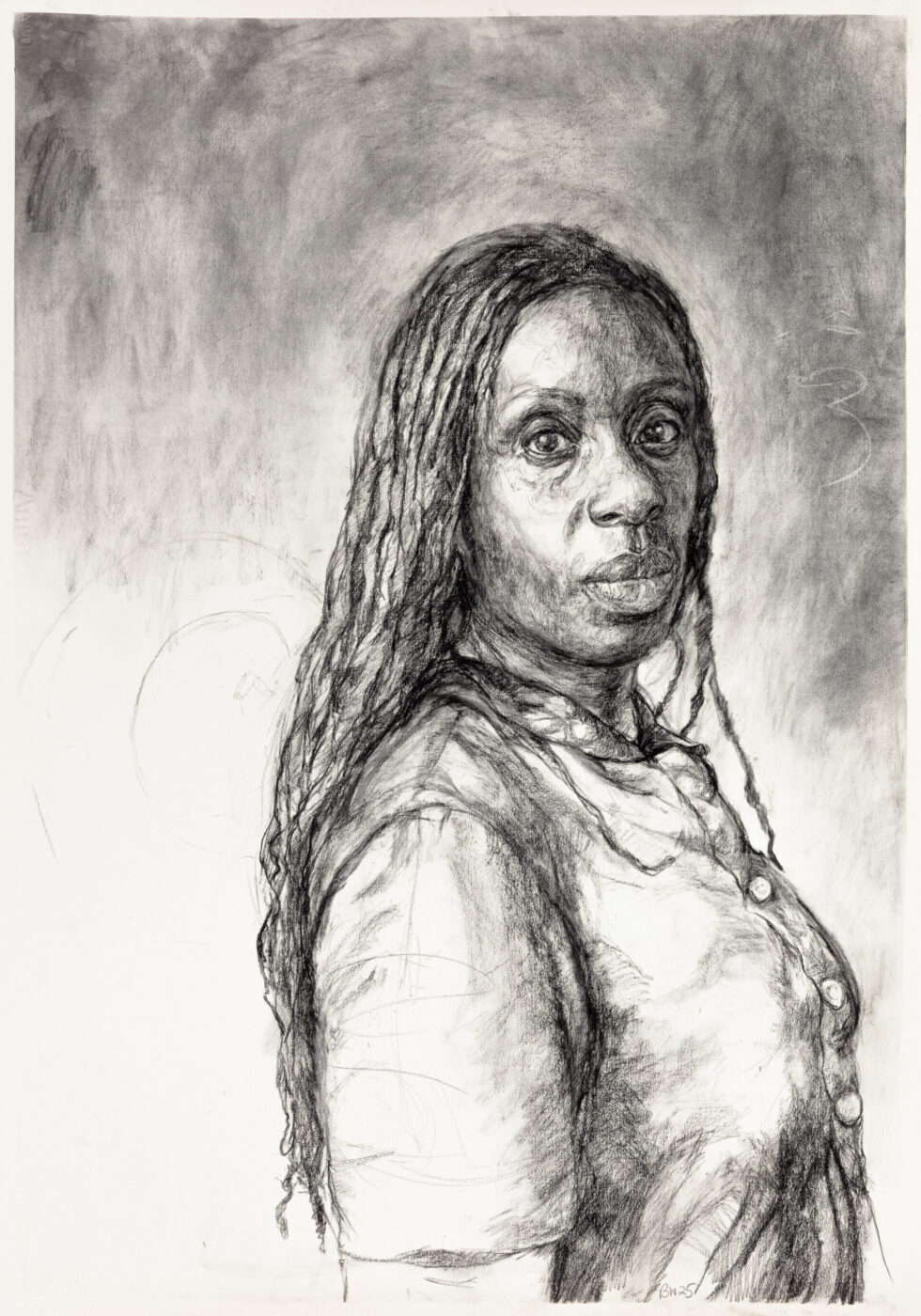 A black and white pencil drawing of a woman with long, twisted hair. She stands facing slightly to the side, with a serious expression. She wears a button-down shirt, and the background is textured with abstract shading.