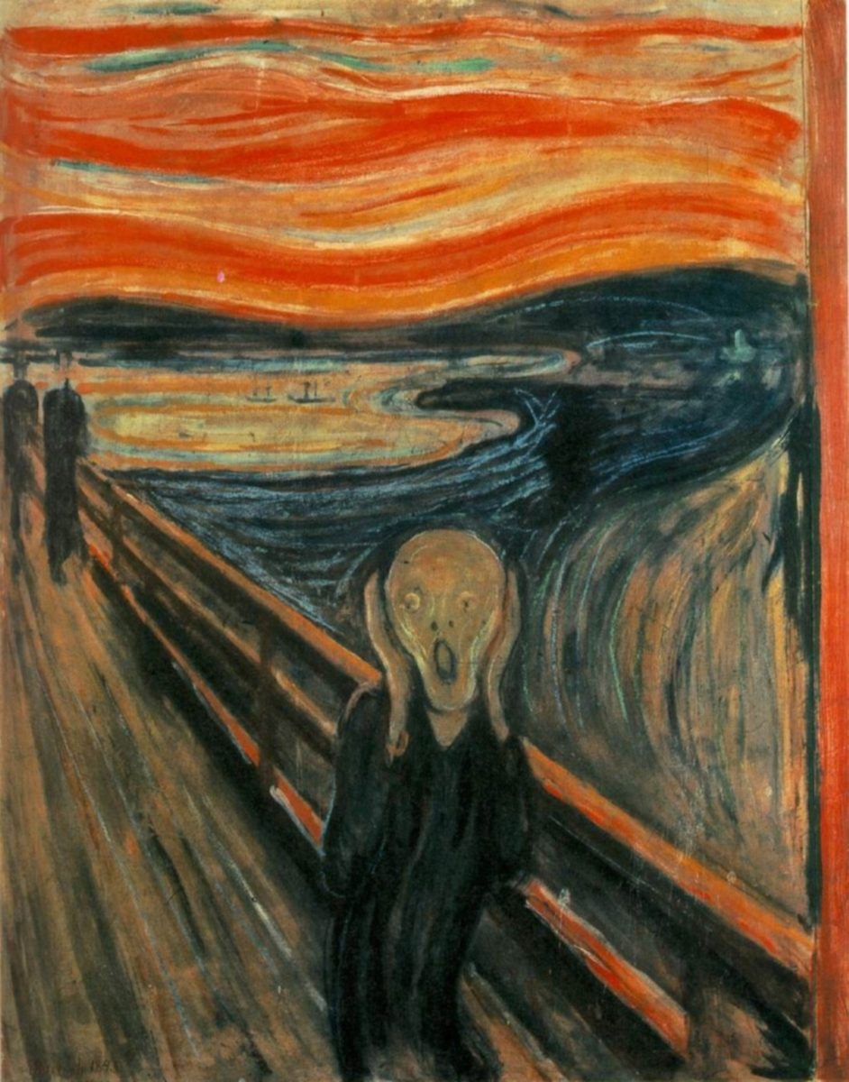The Scream - Painting of a figure holding their face and screaming on a bridge. The sky is vivid with swirling oranges, yellows, and blues. The background features a shoreline with shadowy humanoid shapes in the distance.