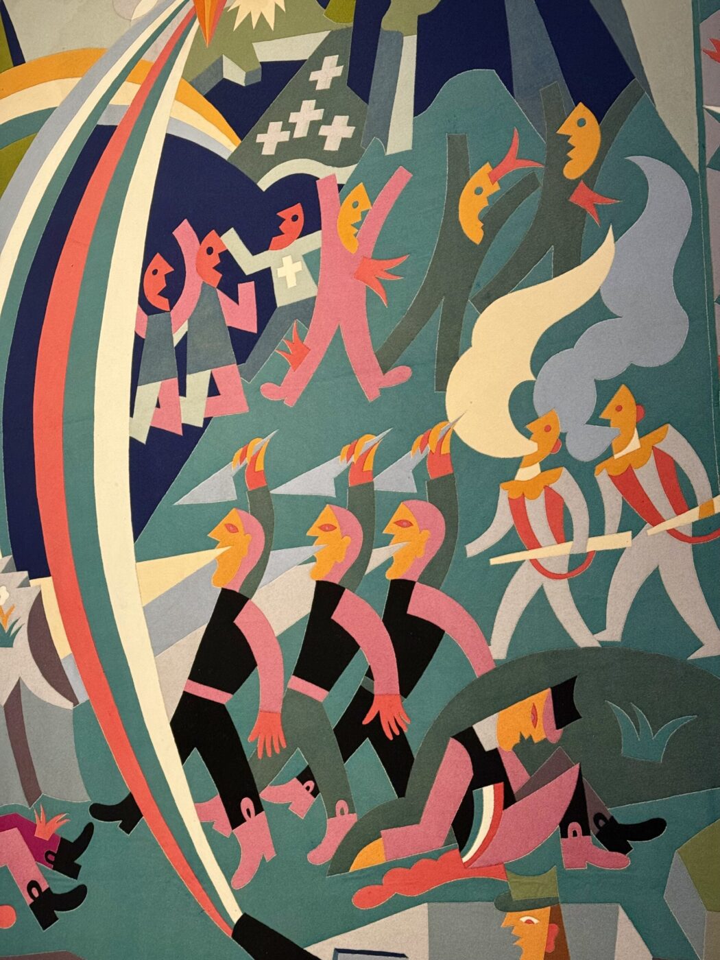 [Titolo dell'immagine] - Un'opera d'arte astratta colorata raffigurante figure stilizzate che marciano energicamente, con strumenti musicali e pose dinamiche. Pesci, alberi e forme geometriche vivaci si aggiungono alla composizione vivace e ritmica.