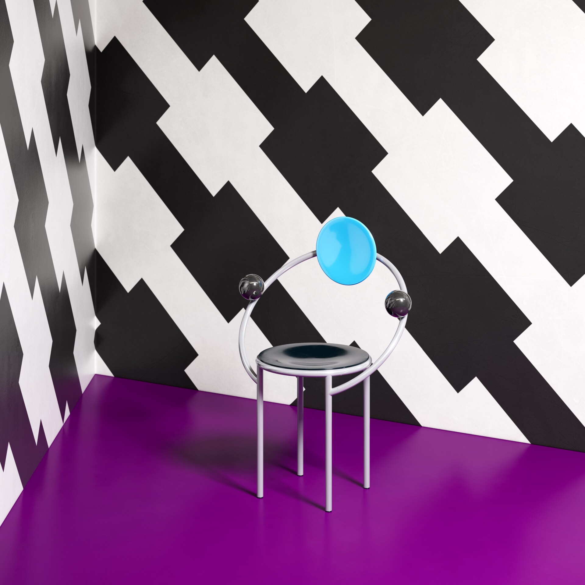 Design moderno della sedia": una sedia moderna con schienale blu e dettagli metallici è posizionata in una stanza con pareti dai vistosi motivi geometrici in bianco e nero e un vivace pavimento viola.