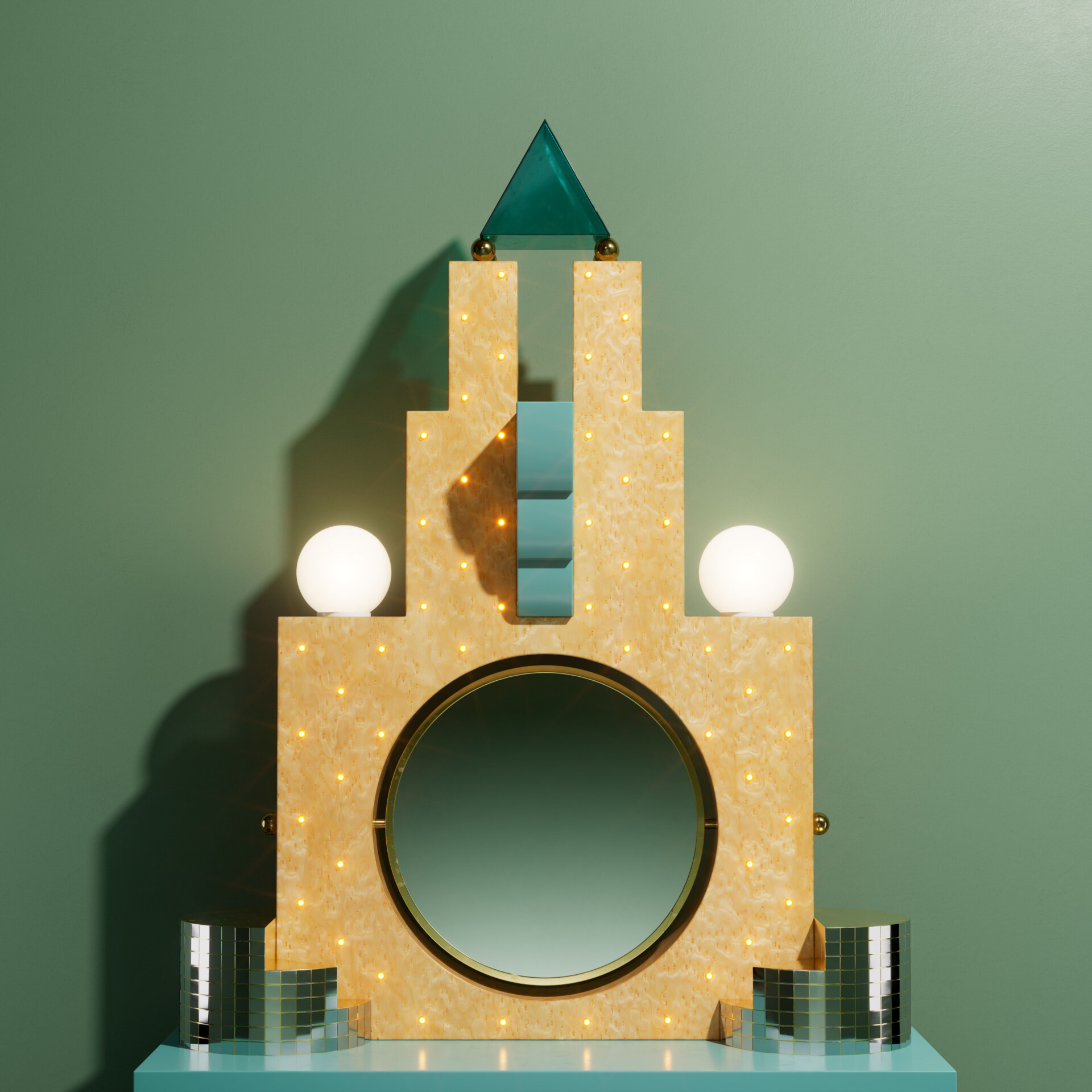 [Arte astratta geometrica] - Un'opera d'arte astratta con forme geometriche è appoggiata a una parete verde. Presenta uno specchio circolare al centro, due luci rotonde su entrambi i lati e una parte superiore triangolare blu. La struttura è impreziosita da luci a corda.