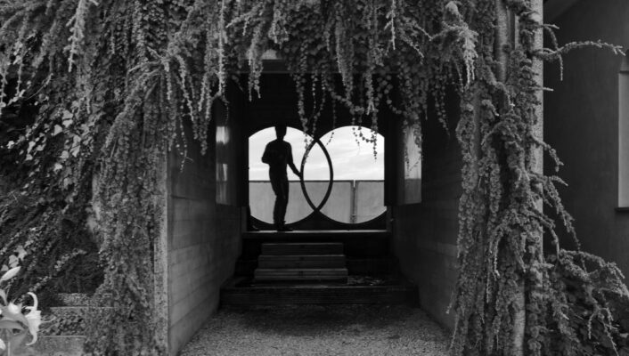Solitary Passage" - La sagoma di una persona è in piedi in un'apertura circolare alla fine di un tunnel ricoperto di viticci pendenti e frondosi. Il sentiero è lastricato di pietre e la scena è in bianco e nero.