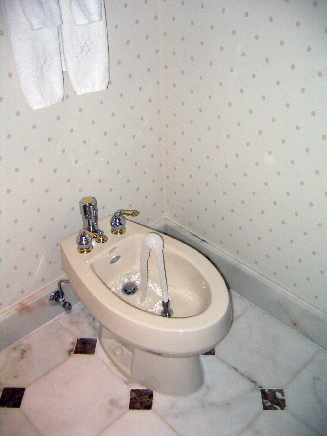 Classic Bathroom Bidet - A beige bidet with water flowing from its central spout is installed in a bathroom with patterned wallpaper and marble tile flooring. Two white towels hang on the wall above it. If you provide a different image title, simply replace Classic Bathroom Bidet with your provided title at the beginning of the description.