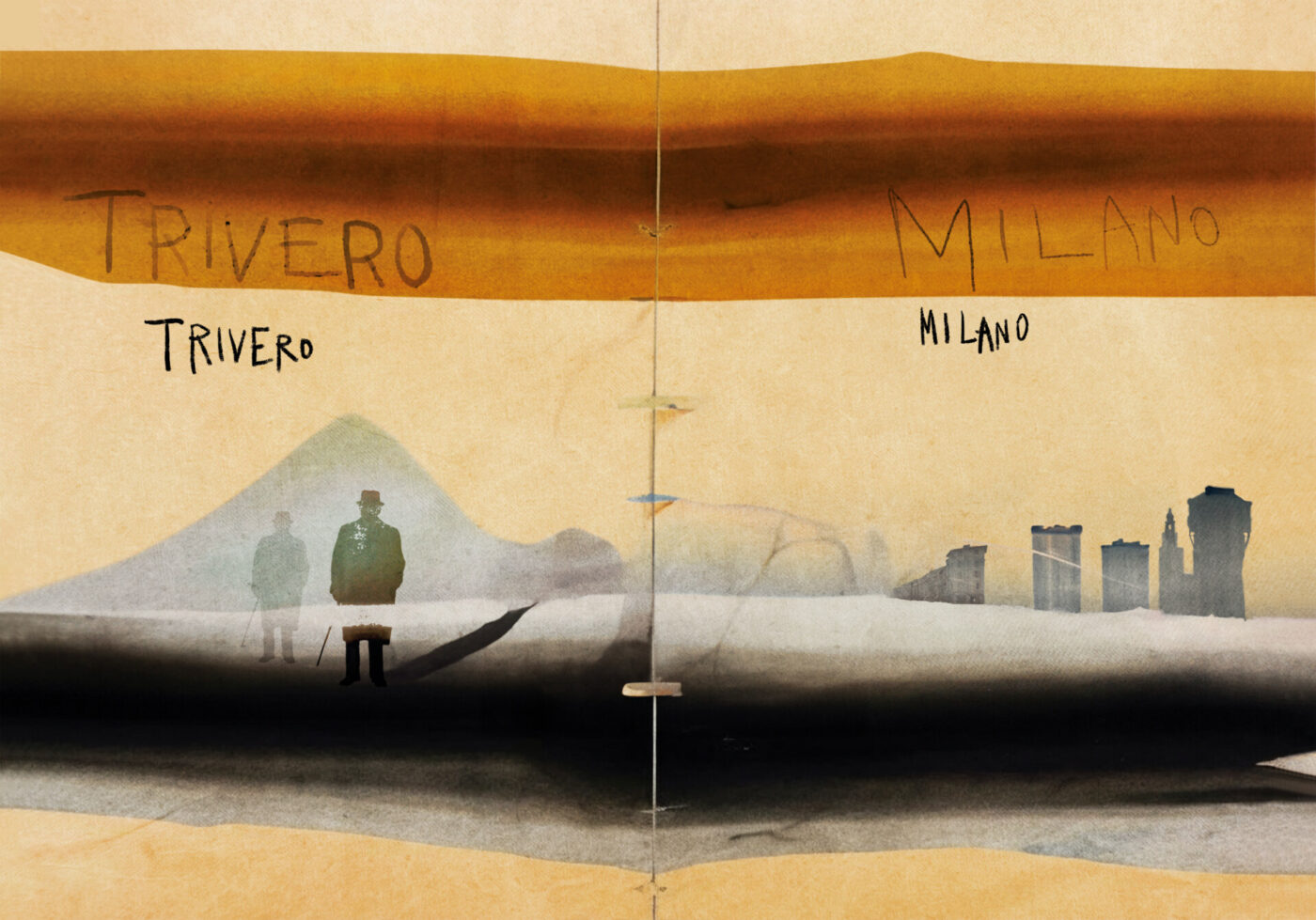 Trivero e Milano - Illustrazione astratta ad acquerello che raffigura due aree, Trivero a sinistra con due figure in silhouette e una montagna, e Milano a destra con edifici cittadini in lontananza, separate da una fascia orizzontale marrone e beige.