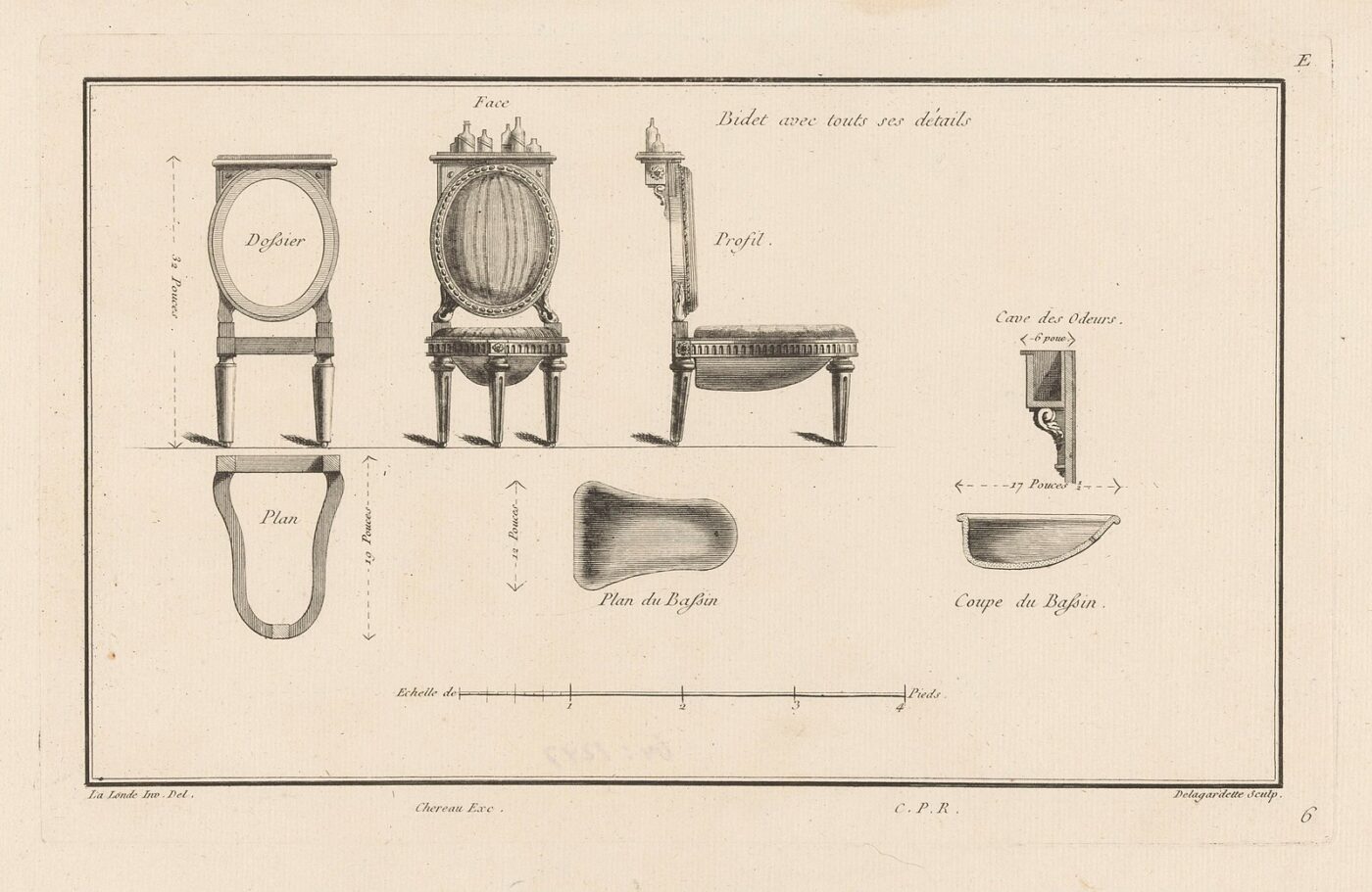 An antique technical illustration showing detailed front, side, and sectional views of a chair and a bidet, with labeled parts and measurements in French, arranged in a precise and organized layout on a cream background.