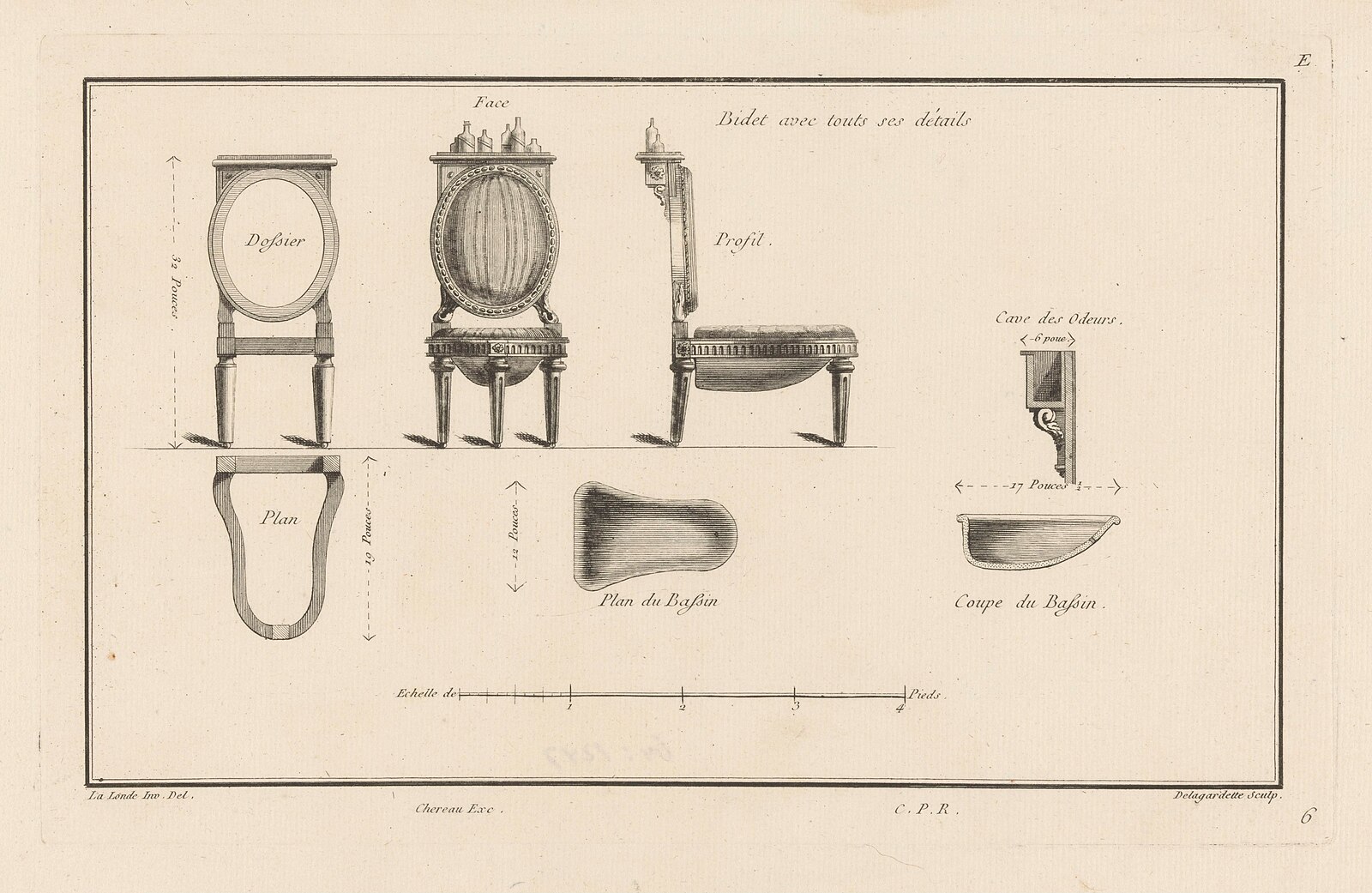 An antique technical illustration showing detailed front, side, and sectional views of a chair and a bidet, with labeled parts and measurements in French, arranged in a precise and organized layout on a cream background.