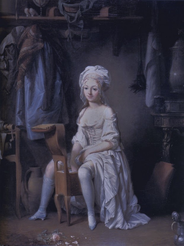 A young woman in an 18th-century white dress and cap sits on a chair in a dimly lit room, with broken dishes and a rose on the floor. Fabrics and household items are visible in the background.