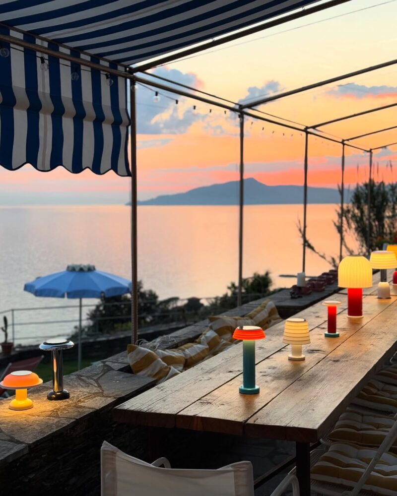 You haven’t provided an image title. If you want the alt text formatted as requested, please provide the image title. Assuming no image title is present, here’s your alt text: A wooden outdoor table with colorful lamps sits under a striped canopy, overlooking a calm sea at sunset. The sky glows with orange and pink hues, and there’s a blue umbrella and distant mountains in the background. If you’d like to add an image title for this scenario, let me know!.