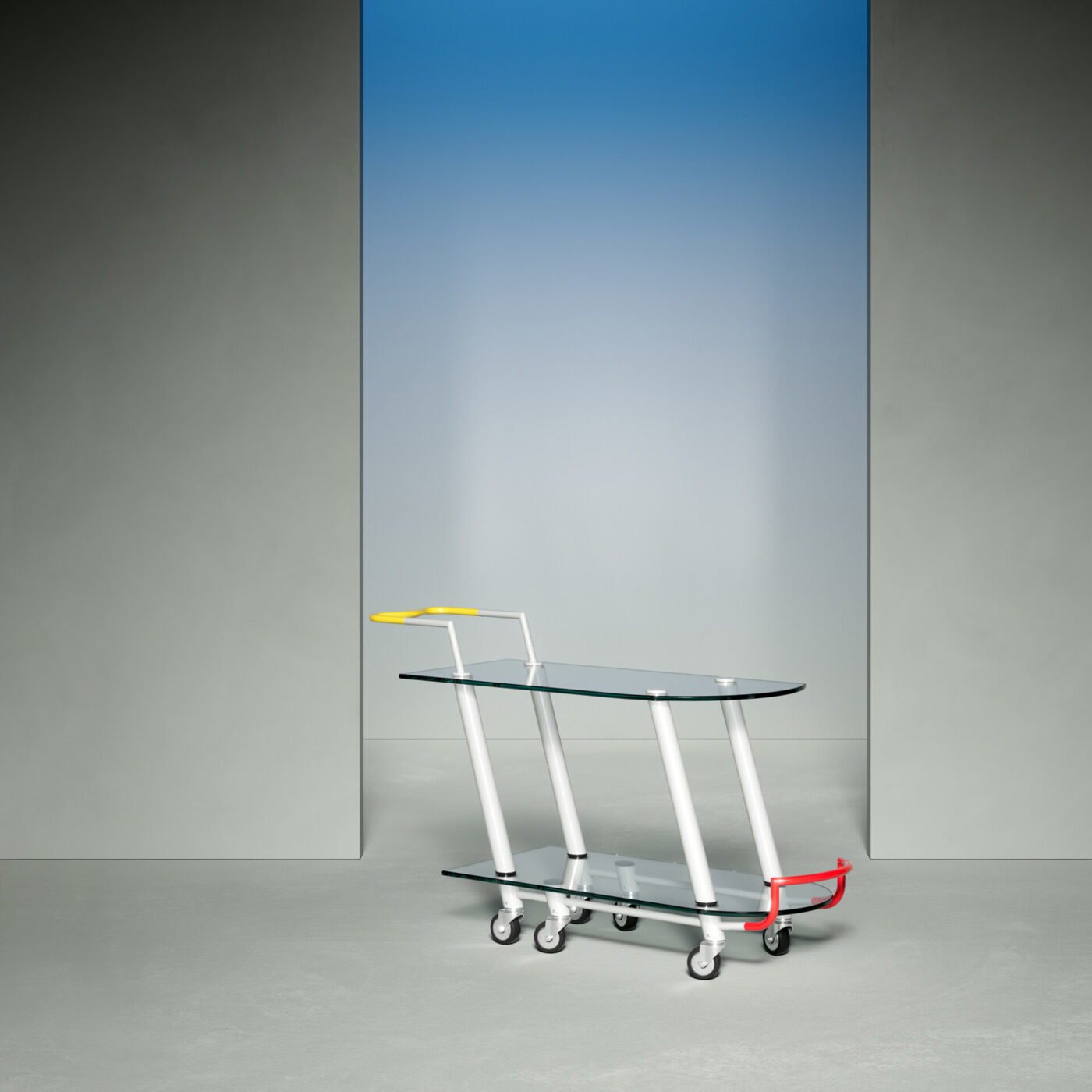 [Carrello moderno] - Un carrello moderno e minimalista con piano in vetro, gambe bianche e maniglie colorate è appoggiato su un pavimento liscio. Lo sfondo è una parete grigia con un'apertura sfumata blu e bianca, che crea un'atmosfera serena e contemporanea.