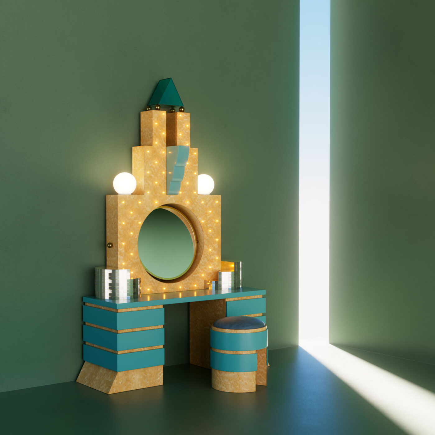 Plaza Vanity - Art Deco-style vanity set with a circular mirror, surrounded by geometric shapes and lights, against a green wall. The design features gold and teal elements. Sunlight streams in from a nearby window, casting patterns on the floor.