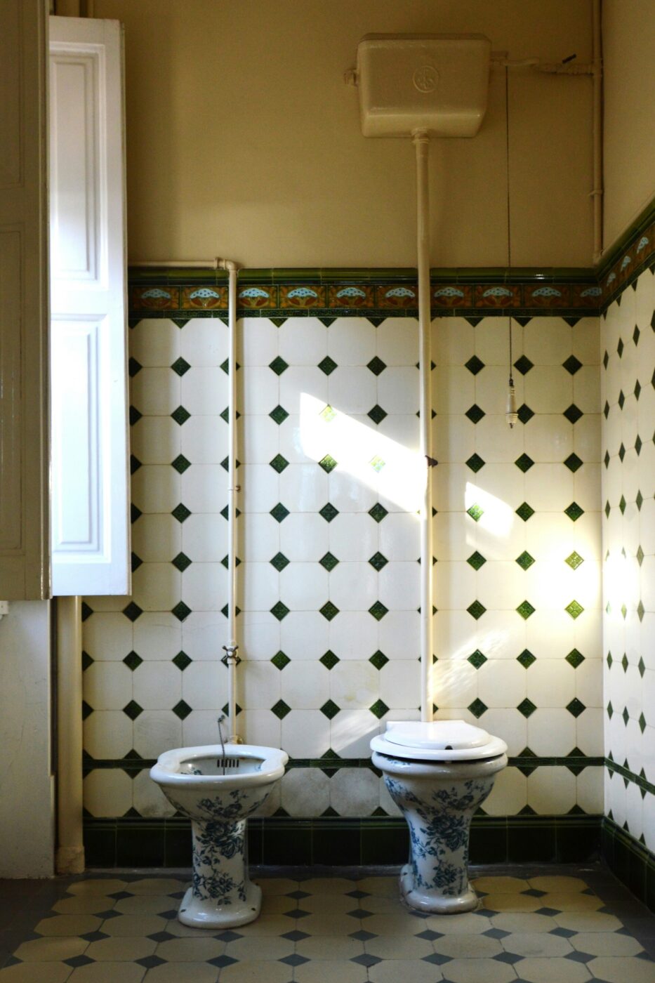 A vintage-style bathroom with patterned white and green tiles, featuring a pedestal toilet and a bidet side by side, both with decorative blue designs beneath a high-mounted cistern. Sunlight streams in from a window.