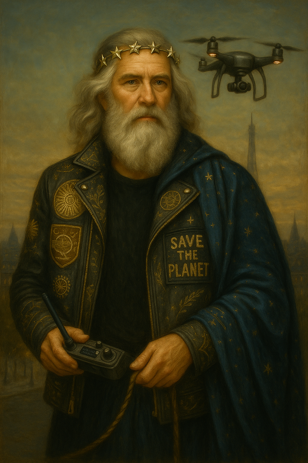 Eco Guardian of Paris - A bearded man wearing a star crown and decorated jacket with SAVE THE PLANET patch holds a drone controller. A drone flies beside him, with a city and the Eiffel Tower in the background.