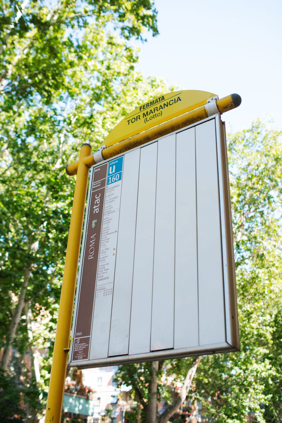 FERMATA TOR MARANCIA (Lotto) - A yellow bus stop sign labeled FERMATA TOR MARANCIA (Lotto) stands among green trees. The sign includes a route map and schedule details but appears partially blank. The sky is clear and blue.