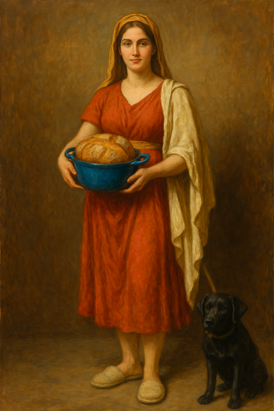 A woman in a red dress and yellow headscarf holds a blue pot with a round loaf of bread. She stands on a brown backdrop, beside a black dog sitting calmly at her feet.