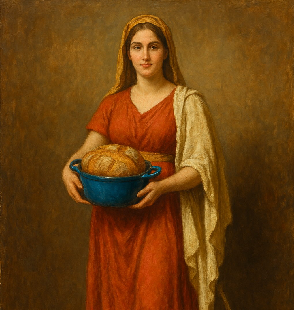 A woman in a red dress and yellow headscarf holds a blue pot with a round loaf of bread. She stands on a brown backdrop, beside a black dog sitting calmly at her feet.