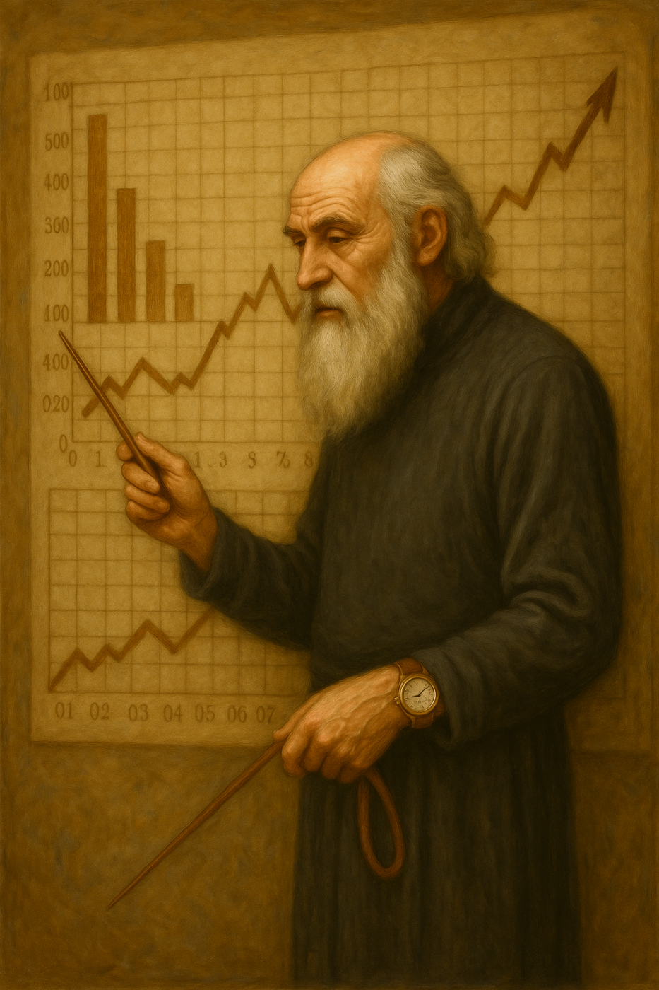 An elderly man with a long white beard points at rising bar and line graphs on a wall using a wooden pointer. He wears a dark robe and a wristwatch, standing in front of charts indicating data growth.