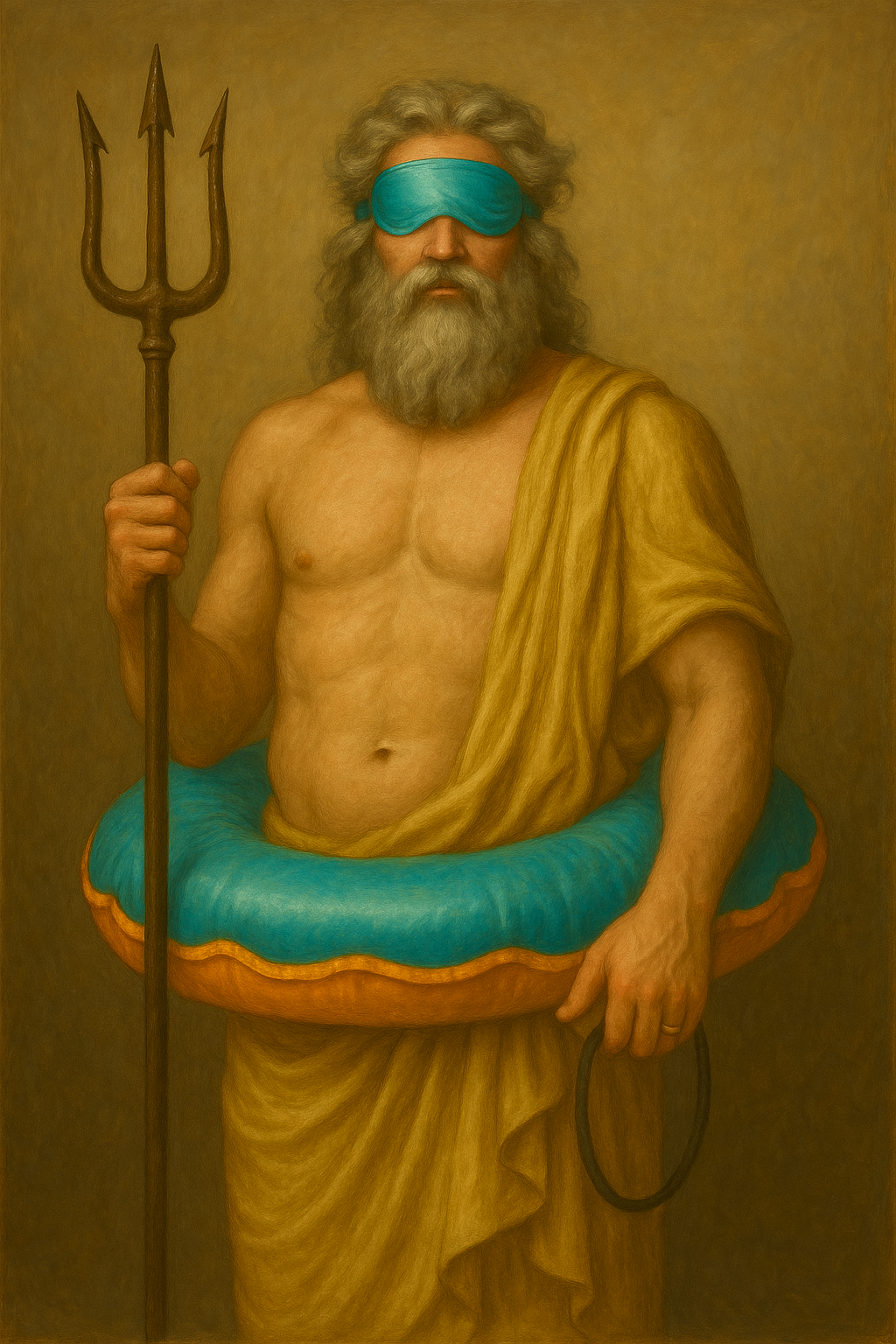 A muscular, bearded man in a yellow toga holds a trident, wears a blue sleep mask and an inflatable swim ring. He stands against a plain background, blending classical and humorous elements.