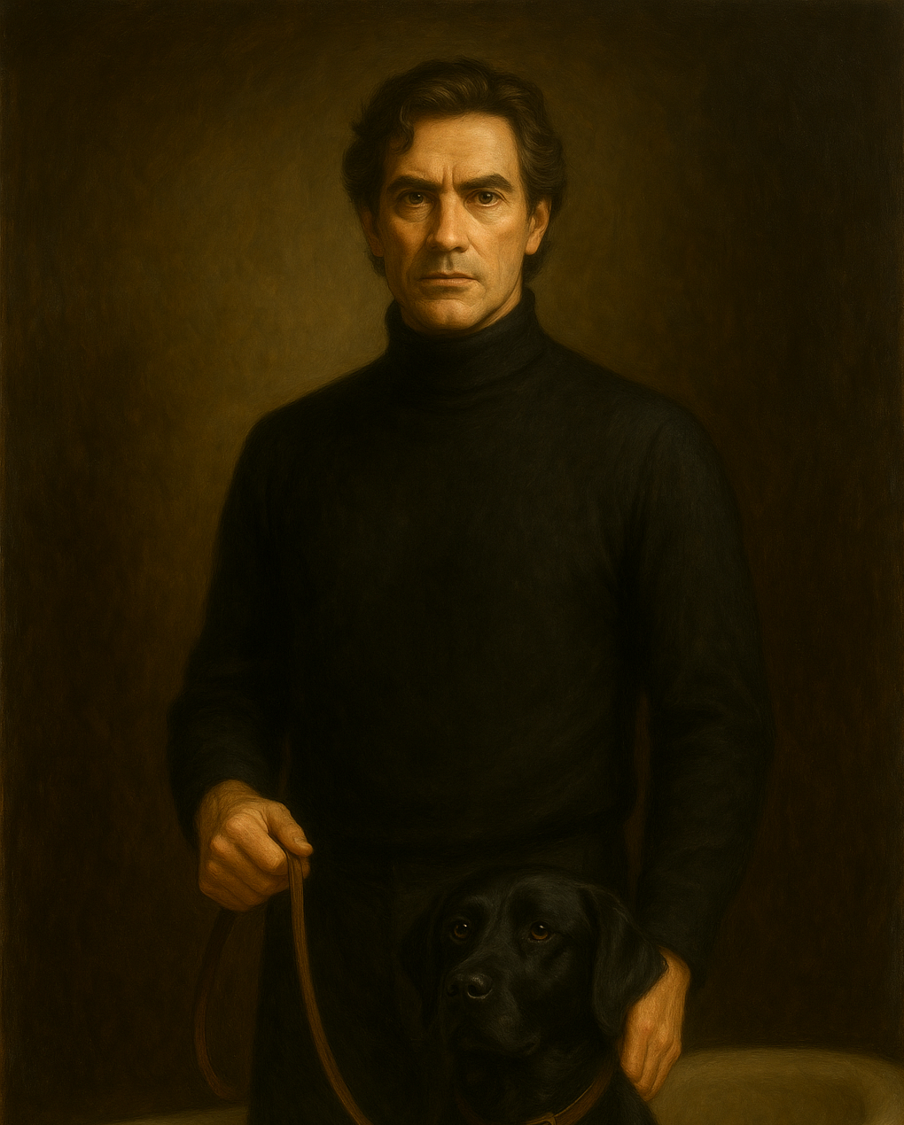Master and Dog - A serious man in a black turtleneck stands holding a leash, with a black dog sitting in front of him inside a large, round basin. The background is dark and softly lit, giving the scene a formal, painterly feel.