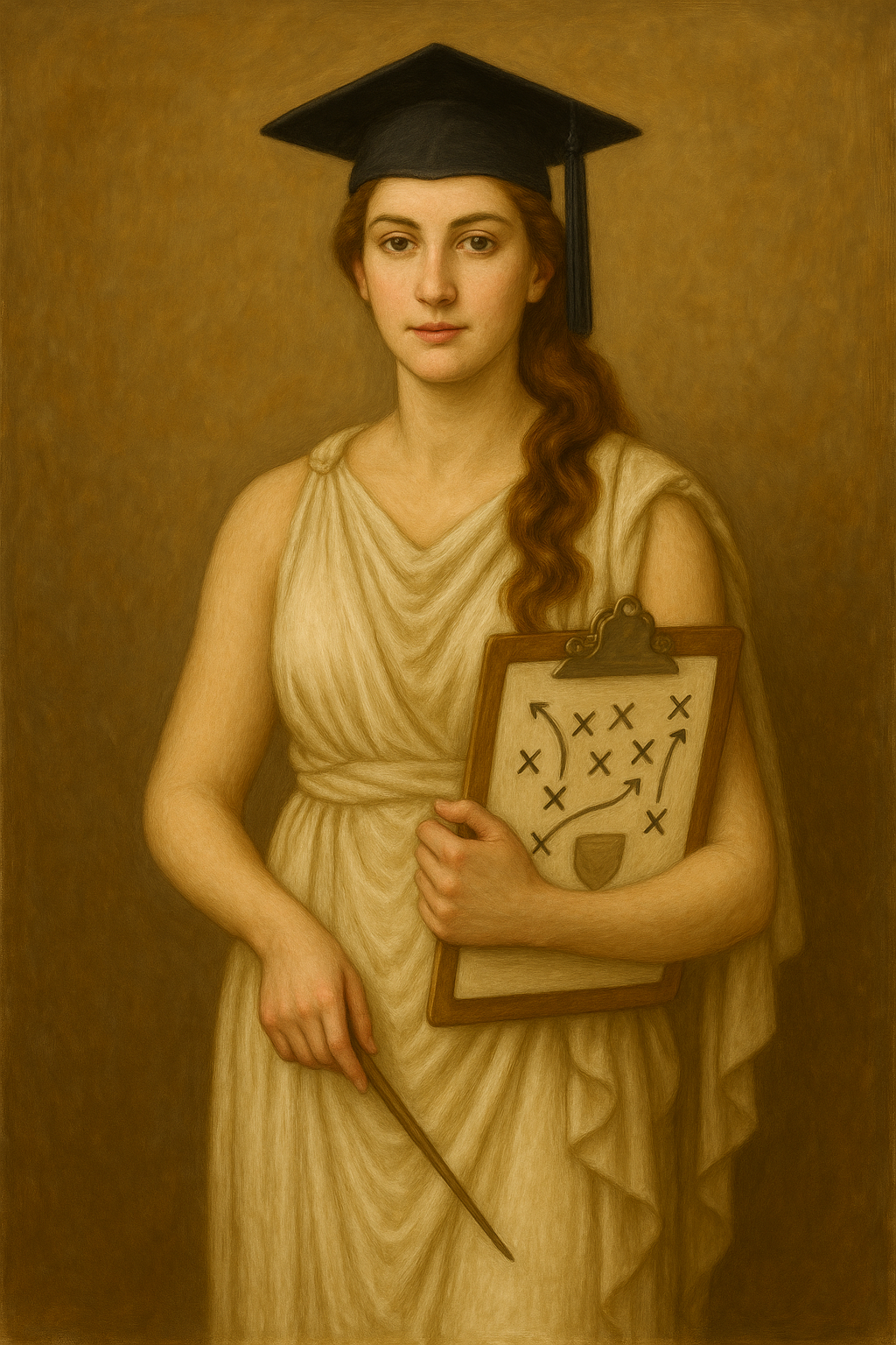 A woman in a toga and graduation cap holds a clipboard with a strategy diagram and a pointer, standing against a plain background.