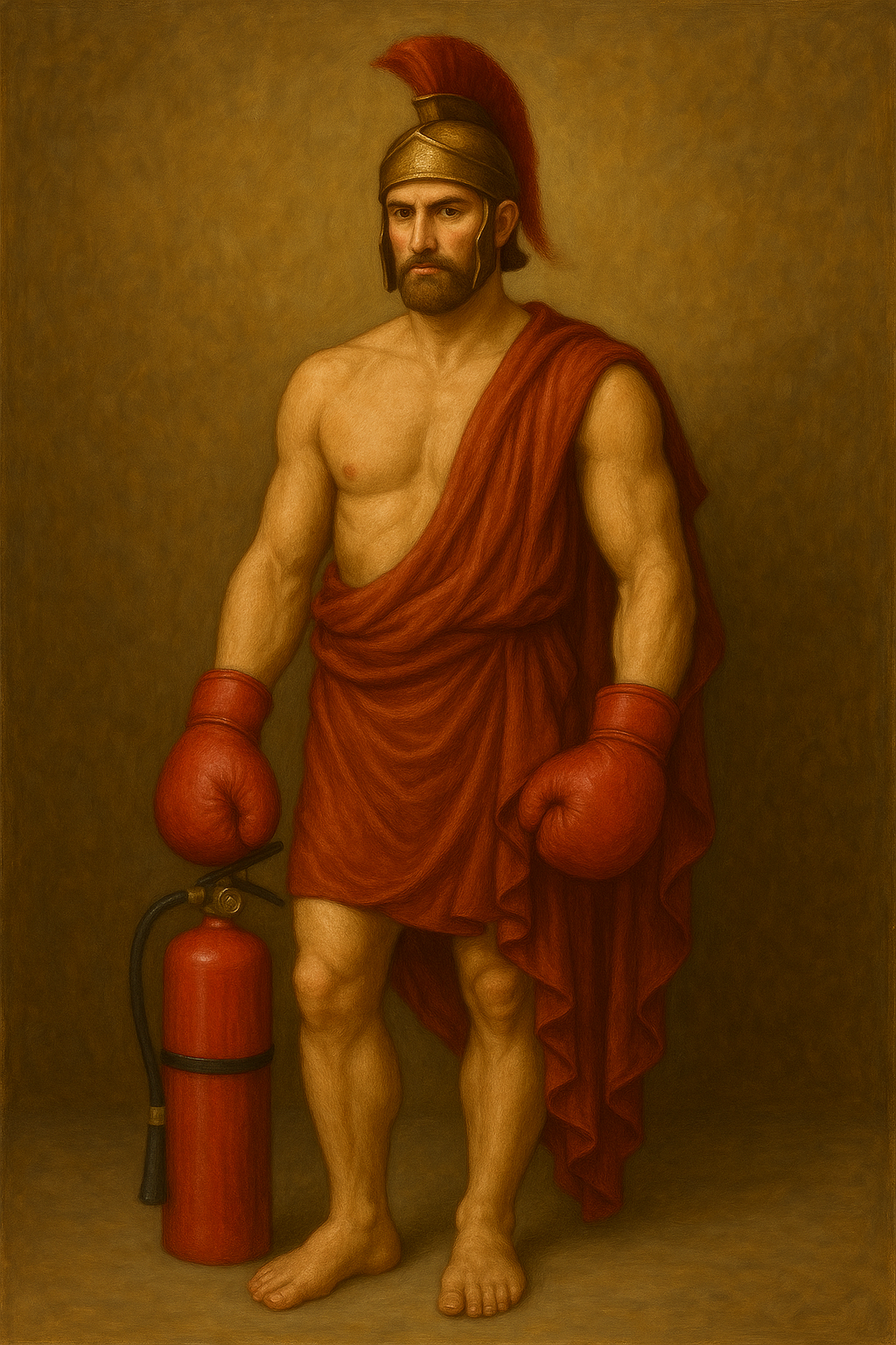 Ancient Greek Warrior with Fire Extinguisher - A man dressed as an ancient Greek warrior wears a red toga, helmet, and boxing gloves, and stands holding a modern fire extinguisher against a plain brown background.